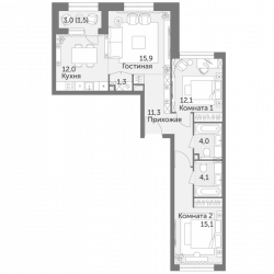 Трёхкомнатная квартира 77.3 м²