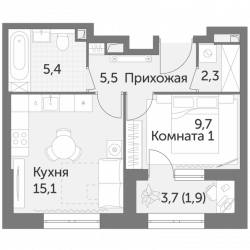 Однокомнатная квартира 39.9 м²