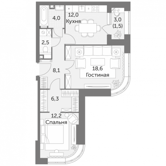 Двухкомнатная квартира 65.2 м²