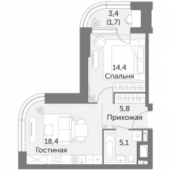 Однокомнатная квартира 45.4 м²