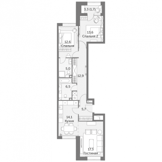 Трёхкомнатная квартира 89.4 м²