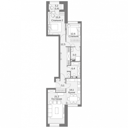 Трёхкомнатная квартира 94.4 м²