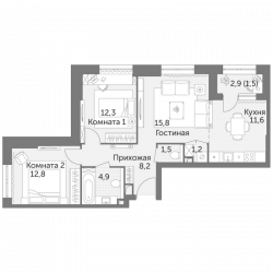 Трёхкомнатная квартира 69.8 м²