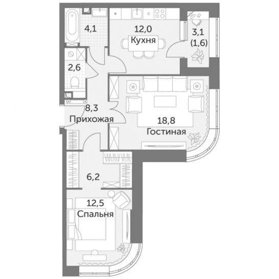 Двухкомнатная квартира 66.1 м²