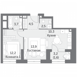 Двухкомнатная квартира 48.7 м²