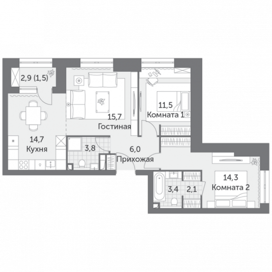 Трёхкомнатная квартира 73 м²