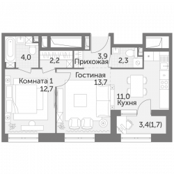 Трёхкомнатная квартира 51.8 м²