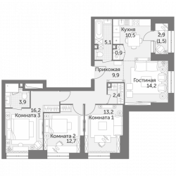 Четырёхкомнатная квартира 90.5 м²