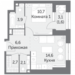Однокомнатная квартира 42.2 м²